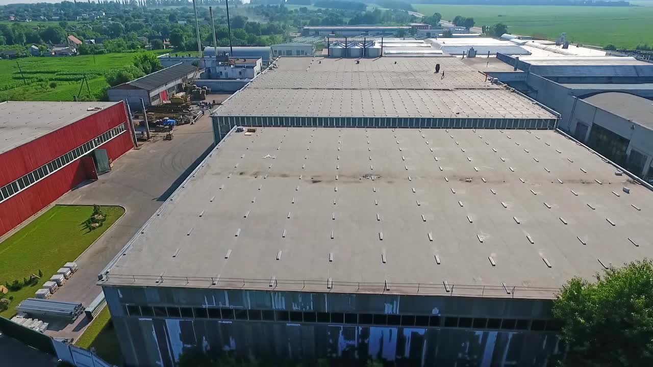 Construction site outdoors. Aerial drone view of construction site on roof