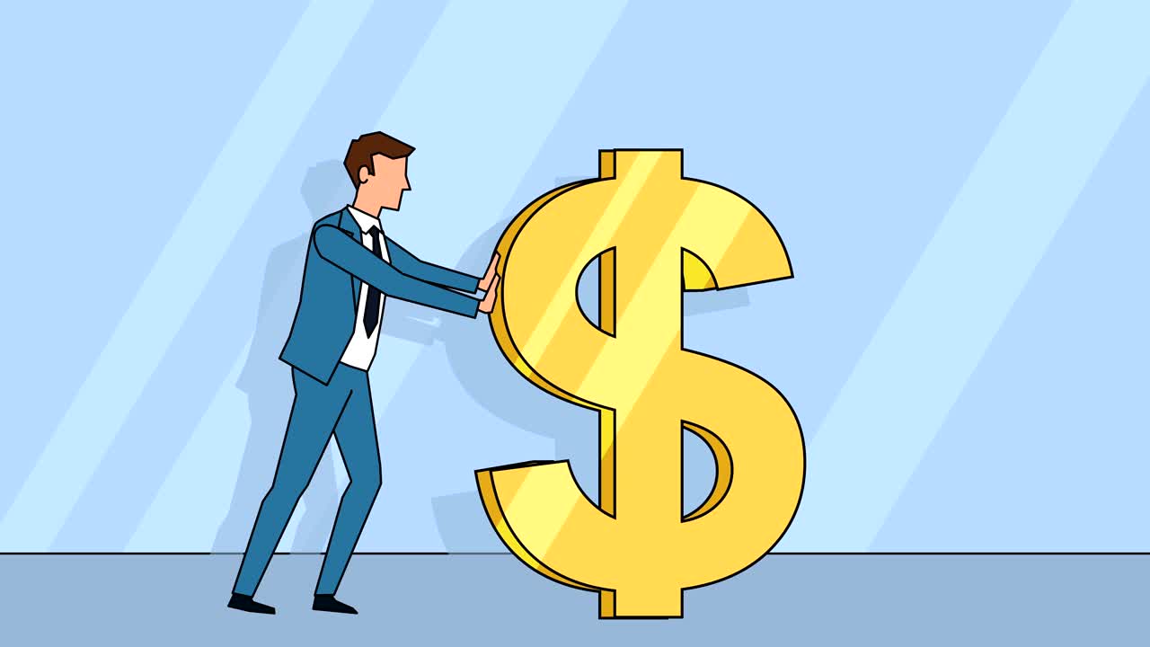 Animazione concettuale: personaggio stilizzato a cartone animato di un uomo d'affari che spinge un simbolo del dollaro