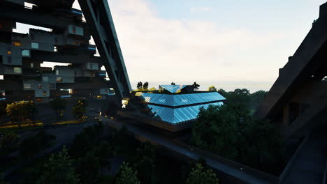 futuristic city with geometric skyscrapers