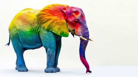 a colorful elephant standing on a white surface