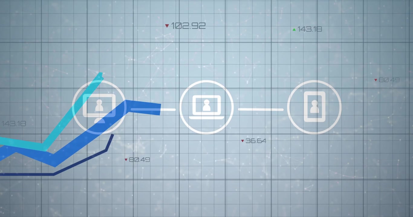 Left node pulsing, nodes appearing and linking, trend lines sweeping, peaking and showing analytics