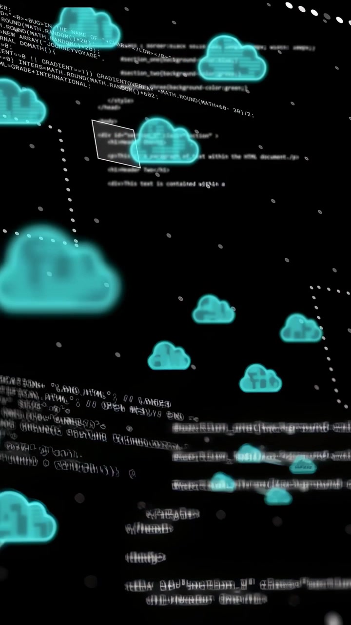 Vertikal video: Kodeblokk vises, skyer genereres, kobles, utvikles, viser skybasert nettverk