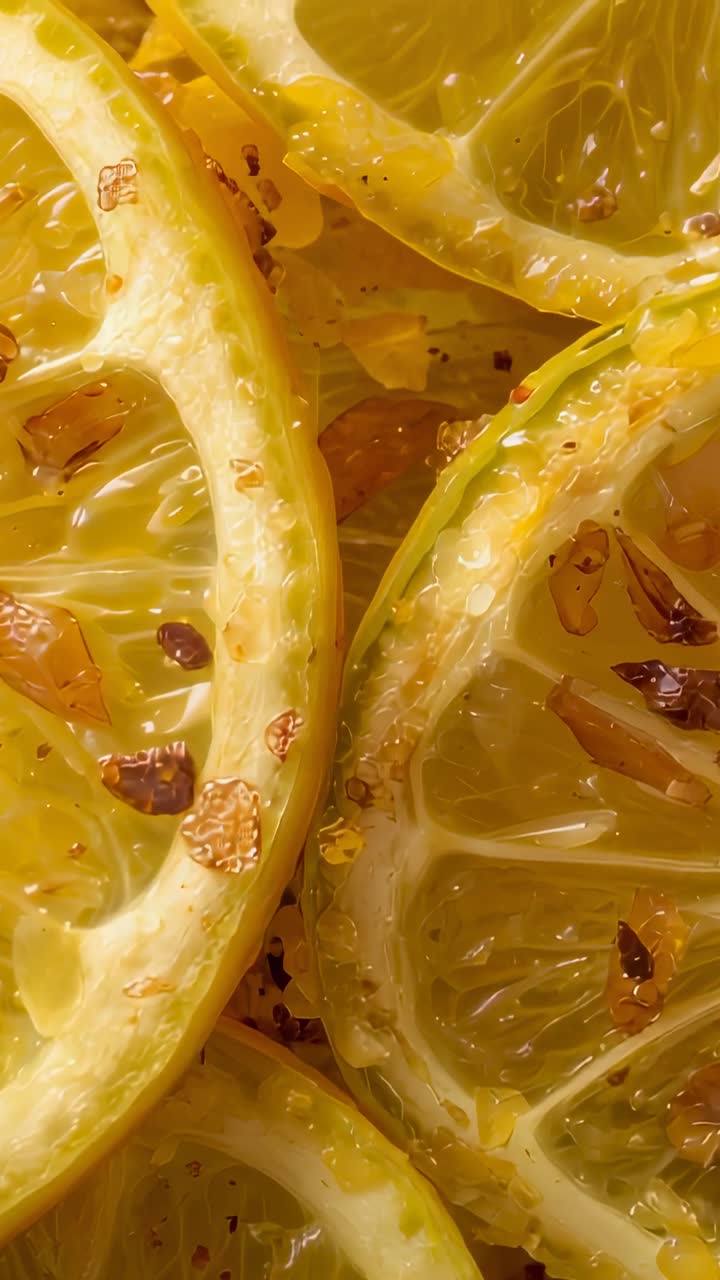 Vertical video: Panning camera showing citrus slices in studio, revealing pulp, droplets and flakes