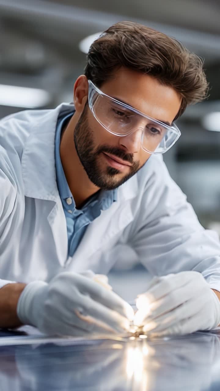 Técnico concentrado con gafas examinando metódicamente componentes complejos sobre una mesa de laboratorio, demostrando experiencia y dedicación a la precisión en la tecnología