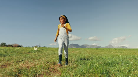 Child,-running-or-girl-on-chicken-farm