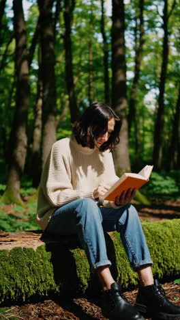 woman reading a book on a mossy log in a serene forest