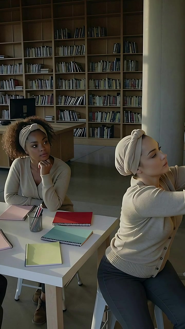 Vertical video: Picking yellow note, right turbaned woman placing it on column in library for class