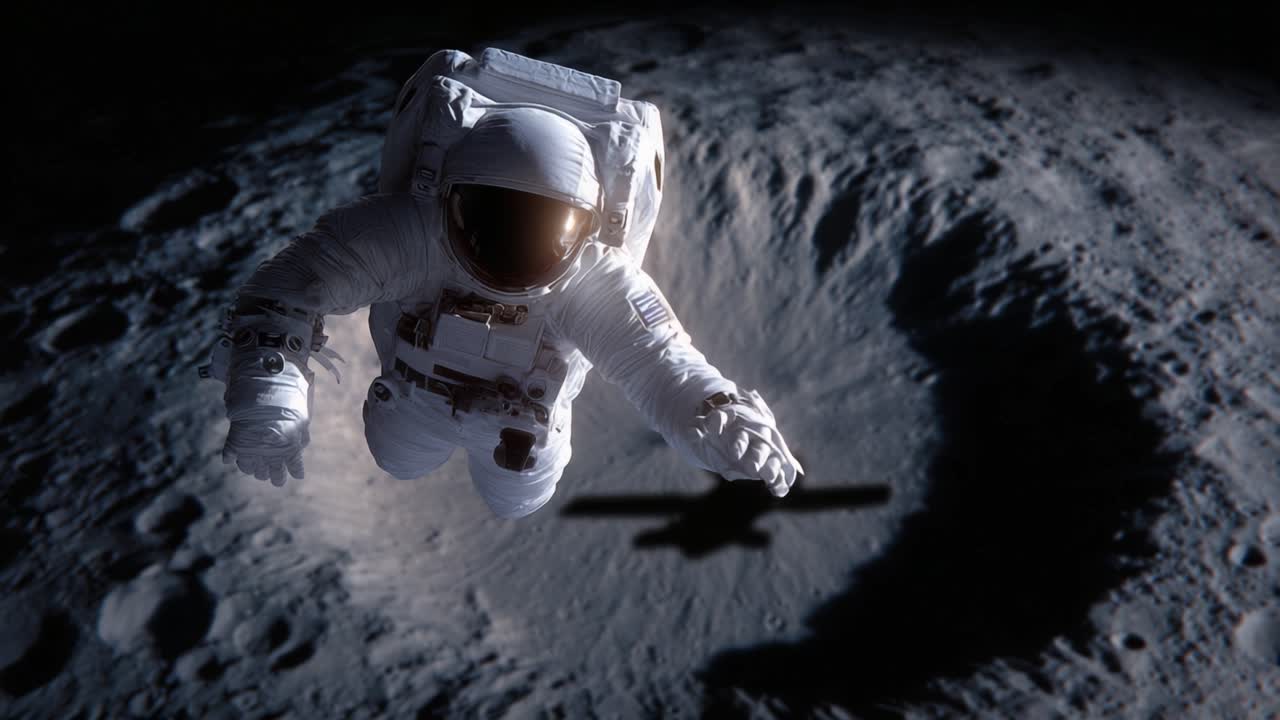 An astronaut floats gracefully above the lunar surface, casting a shadow over a deep crater, showcasing the vastness and tranquility of outer space exploration