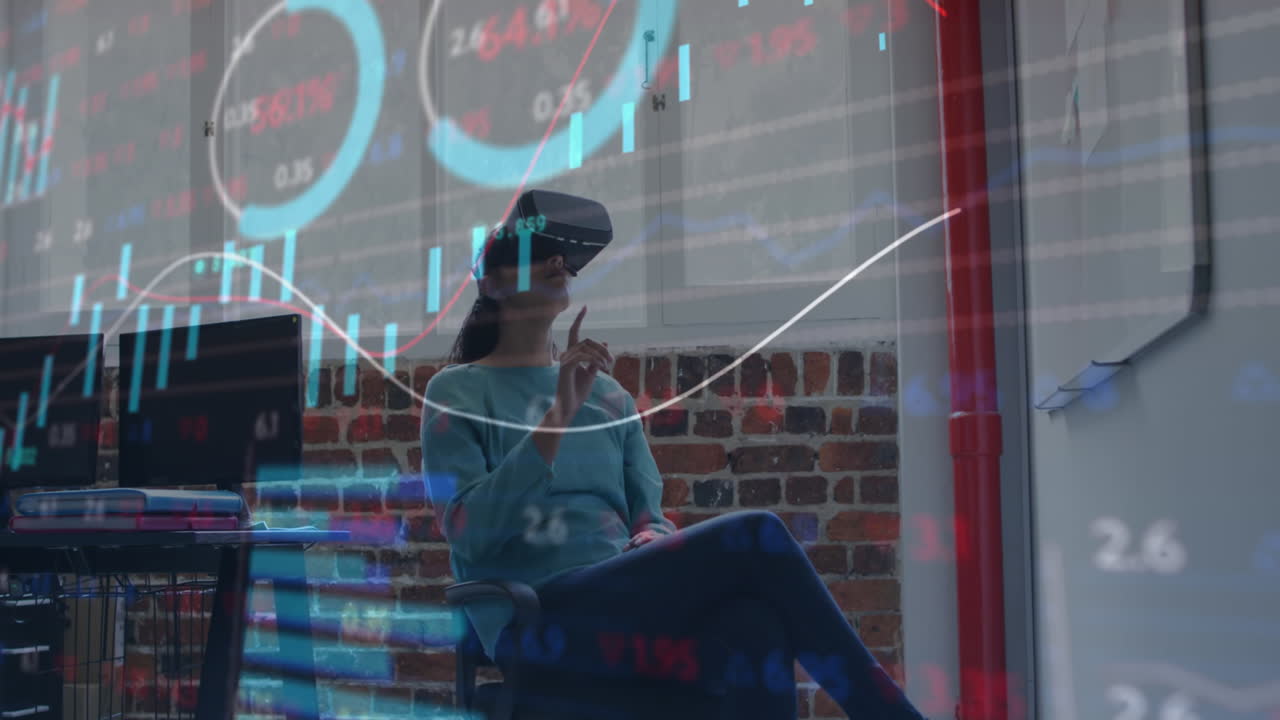 Animation of financial data processing over businesswoman wearing vr headset in office