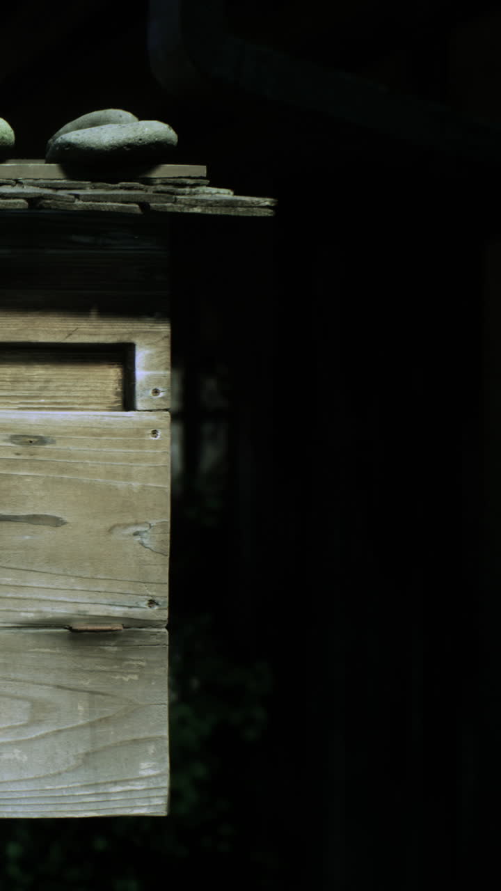 Wooden structure with natural details in a shaded area during the day