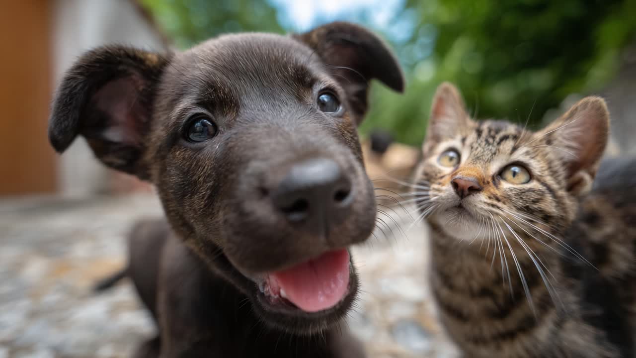 Cucciolo affascinante e gattino curioso giocano insieme in un vivace ambiente esterno, mettendo in mostra le loro adorabili personalità e la loro natura giocosa