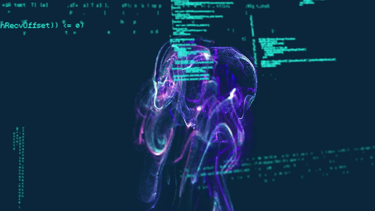 Animation of shapes with light trails over data processing on black background