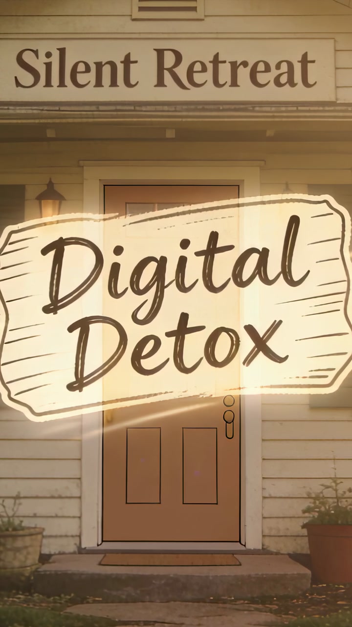 Animated House Entrance with Digital Detox and Silent Retreat Signs