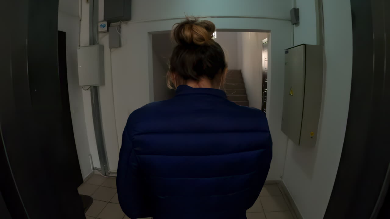 Woman wearing mask leaving a modern lift
