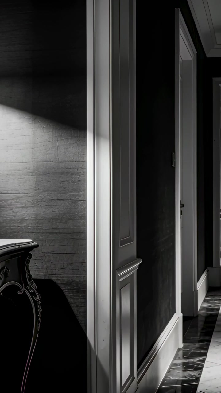 Video verticale: Pannello e porta che catturano la luce mutevole, mostrando dettagli nella hall dell'hotel, console.