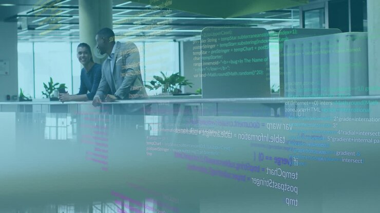 Animation of data processing over diverse colleagues discussing work in office