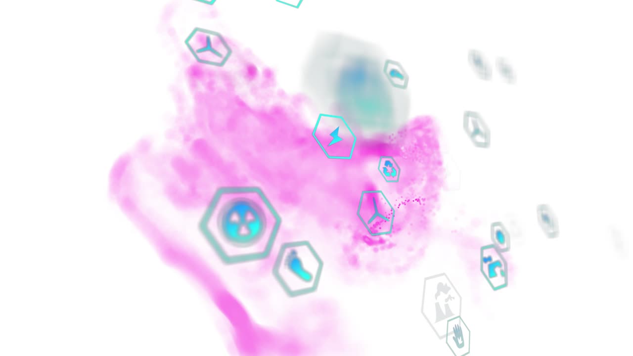 Magenta cloud forming then drifting swirl visualizing energy flow, teal icons rotating scattering