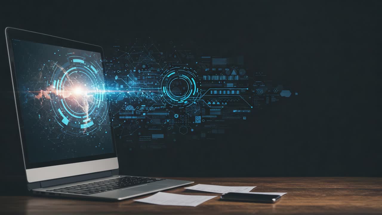 Modern Laptop Displaying Futuristic Technology Graphics with Digital Interfaces and Data Visualization Elements in a Dark Room Setting