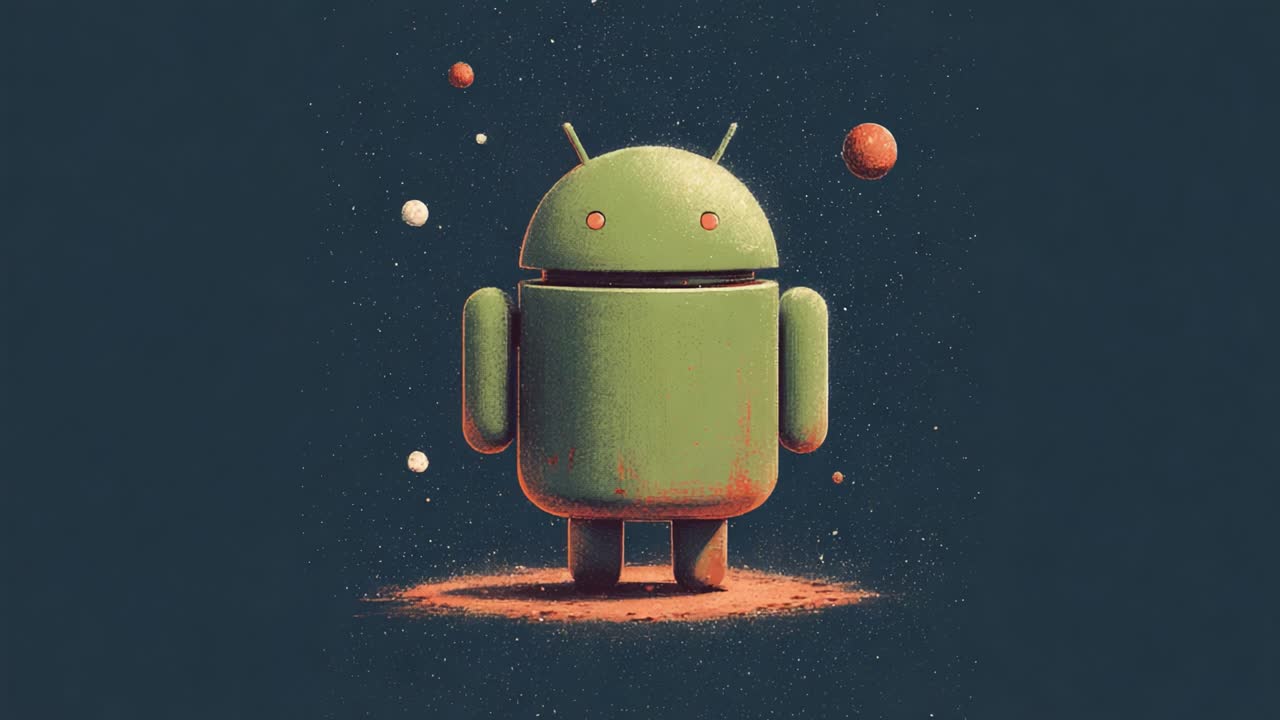 Whimsical animation of a cute green robot with antennas floating in a dark cosmic environment, surrounded by abstract planets and stardust, representing technology and innovation