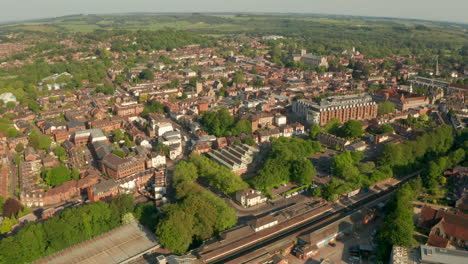 aerial shot over winchester train station towards the town centre