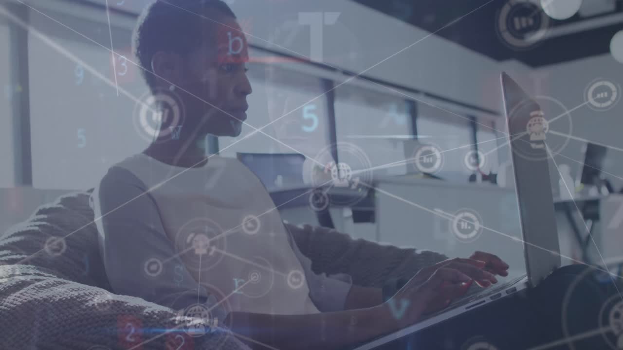 Animation of connections and firewall over afican american woman with laptop in office