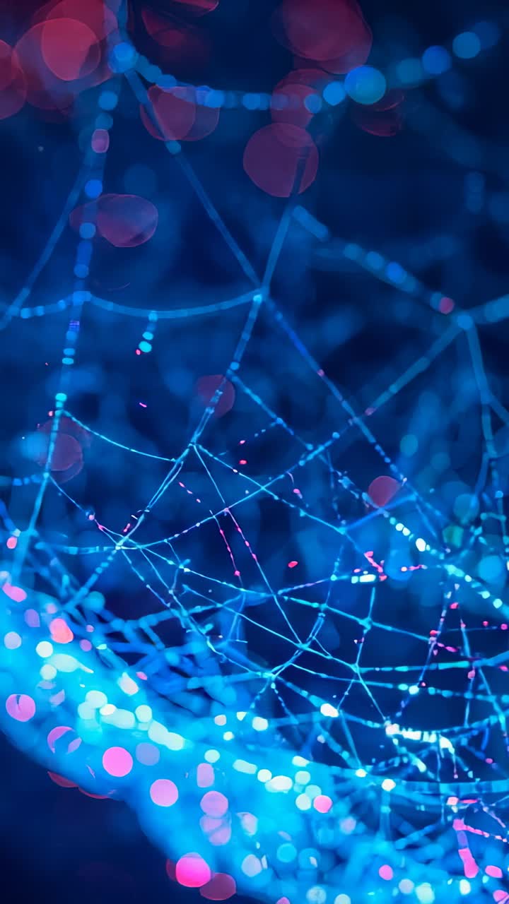 Vertical video: Shifting camera focus on glowing blue mesh in studio, pulsing pink blue bokeh nodes