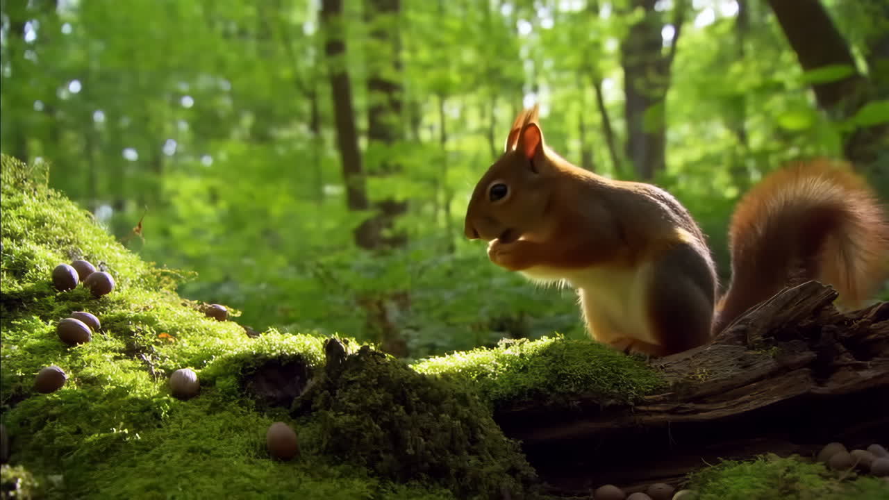 Cute Squirrel Foraging for Acorns on a Mossy Log in a Sunny Forest