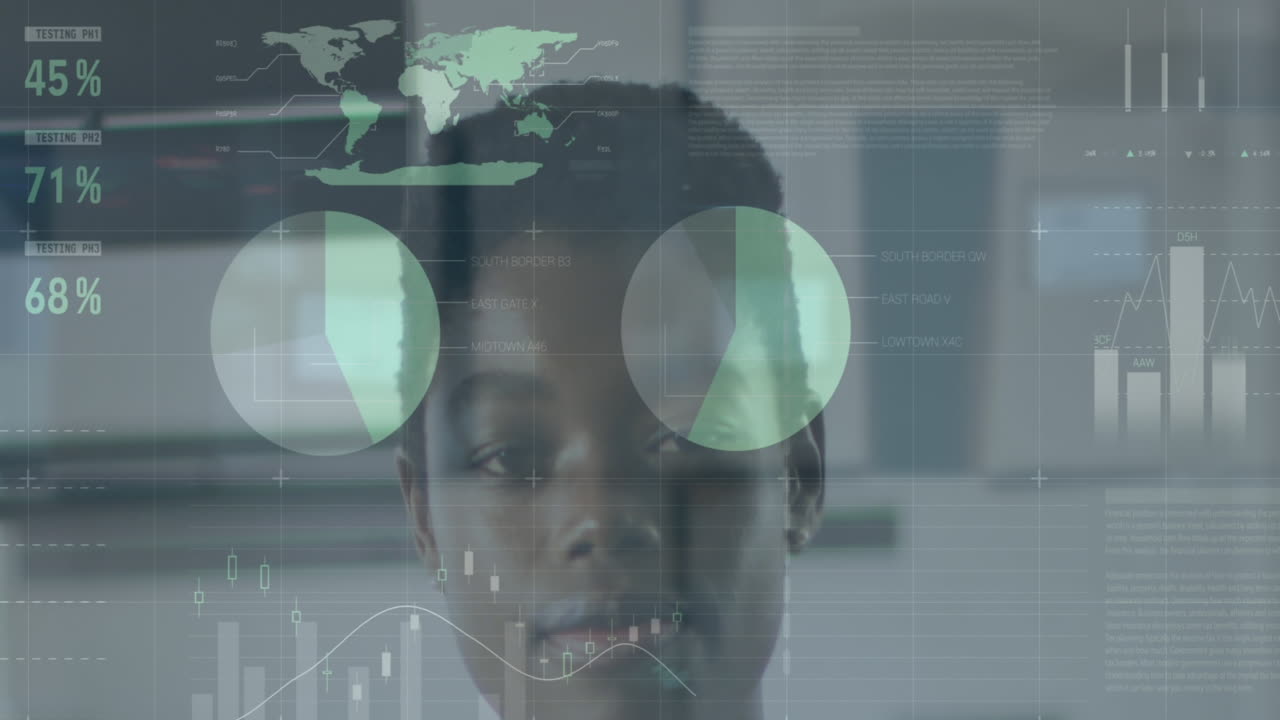 Animation of infographic interface over close up of african american woman standing in office