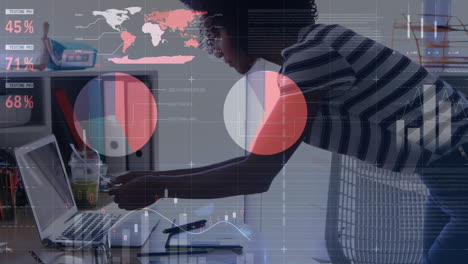 animation of statistical data processing over african american woman sticking memo notes on laptop