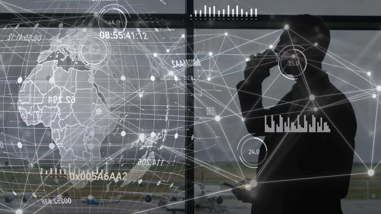 카우카스 사업가와 전 세계에 대한 데이터 및 연결 네트워크의 애니메이션