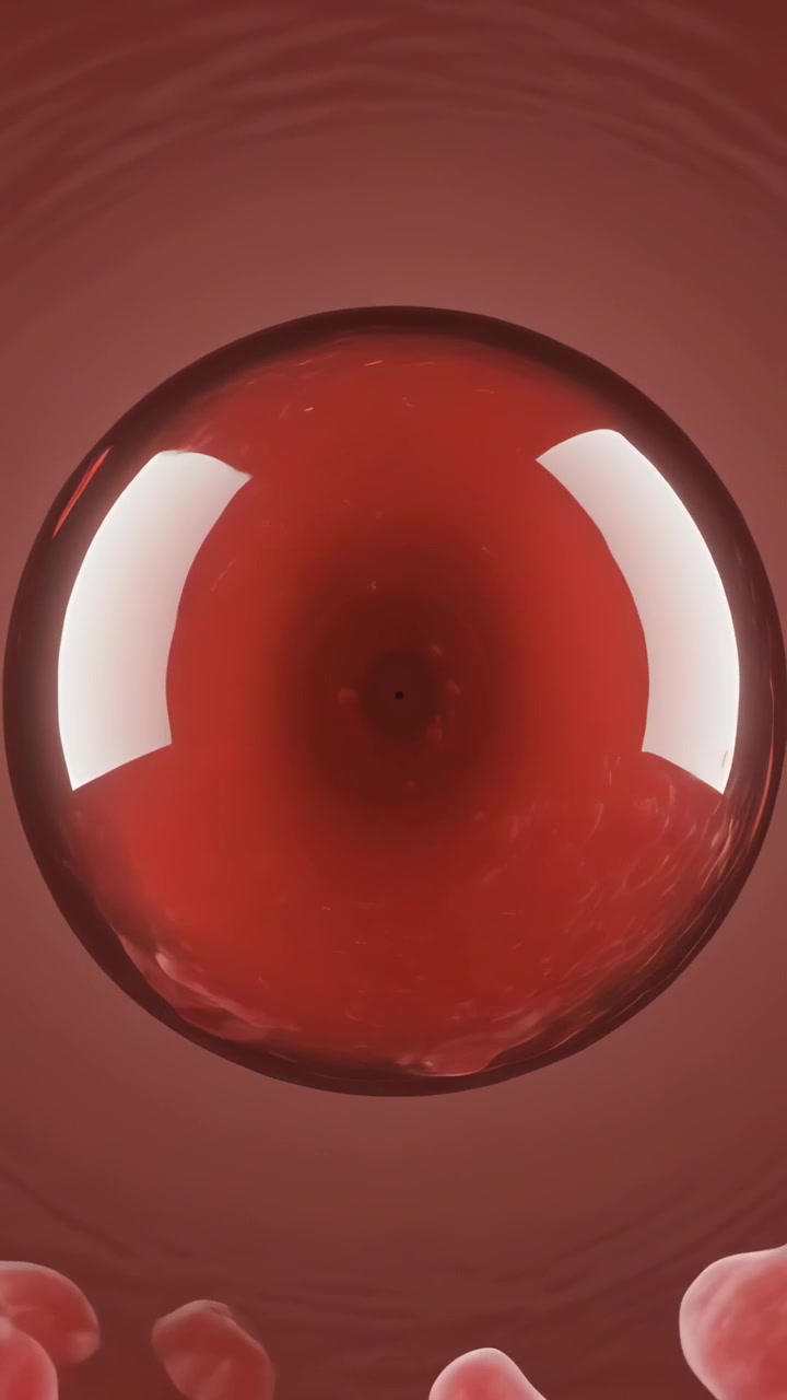 Video verticale: Sfera rossa brillante che mostra un nucleo scuro, due bagliori, anelli ondulati e forme rosa in un tubo.