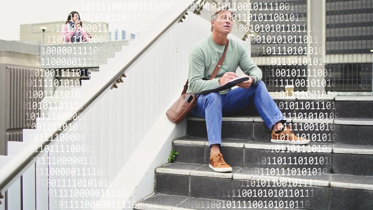 Vertical video: Man sketching design on steps, woman calling, camera adding binary overlay for tech