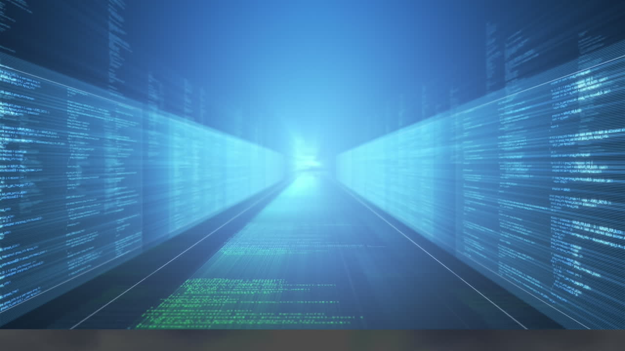 Animation of data processing over corridor with digital screens