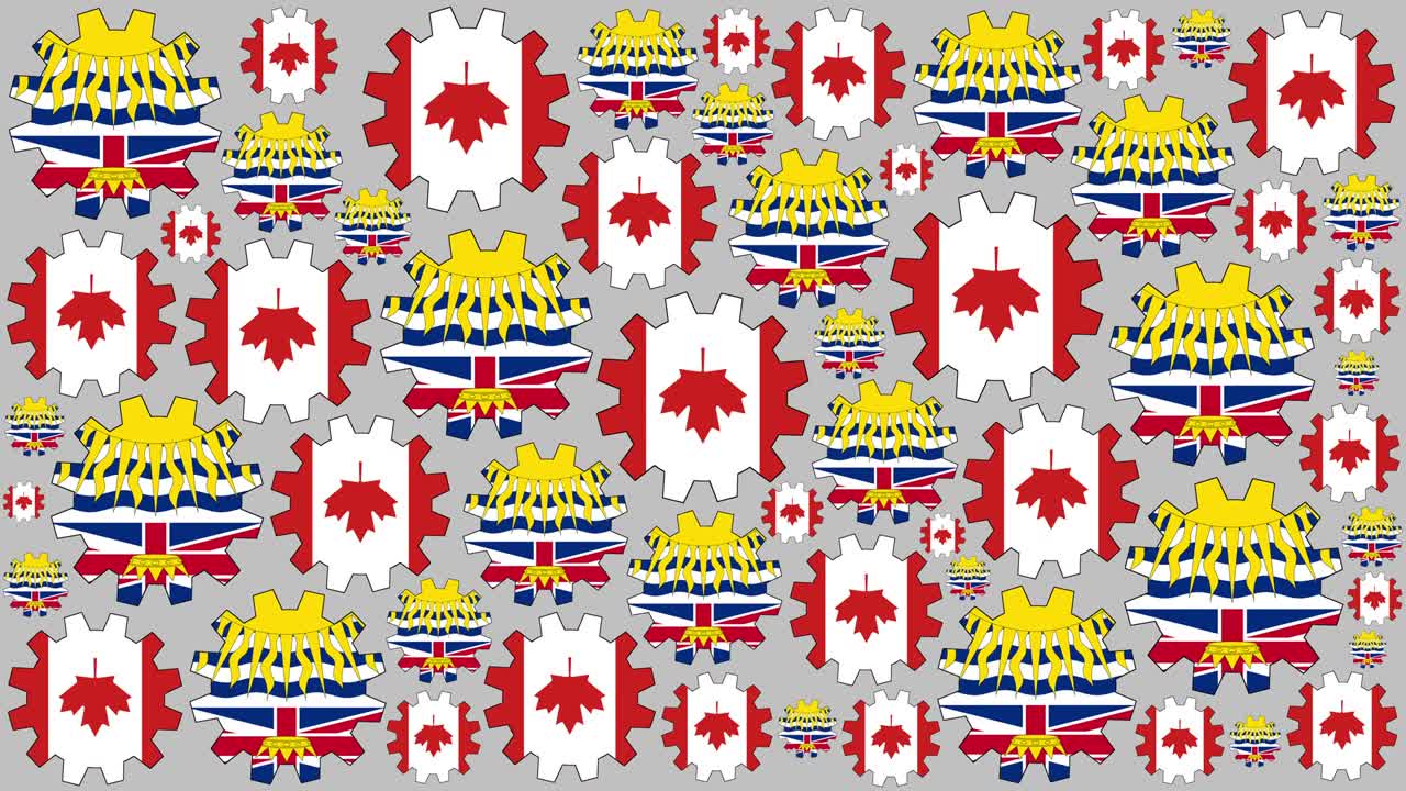 banderas canadienses y de la columbia británica engranajes de fondo giratorio