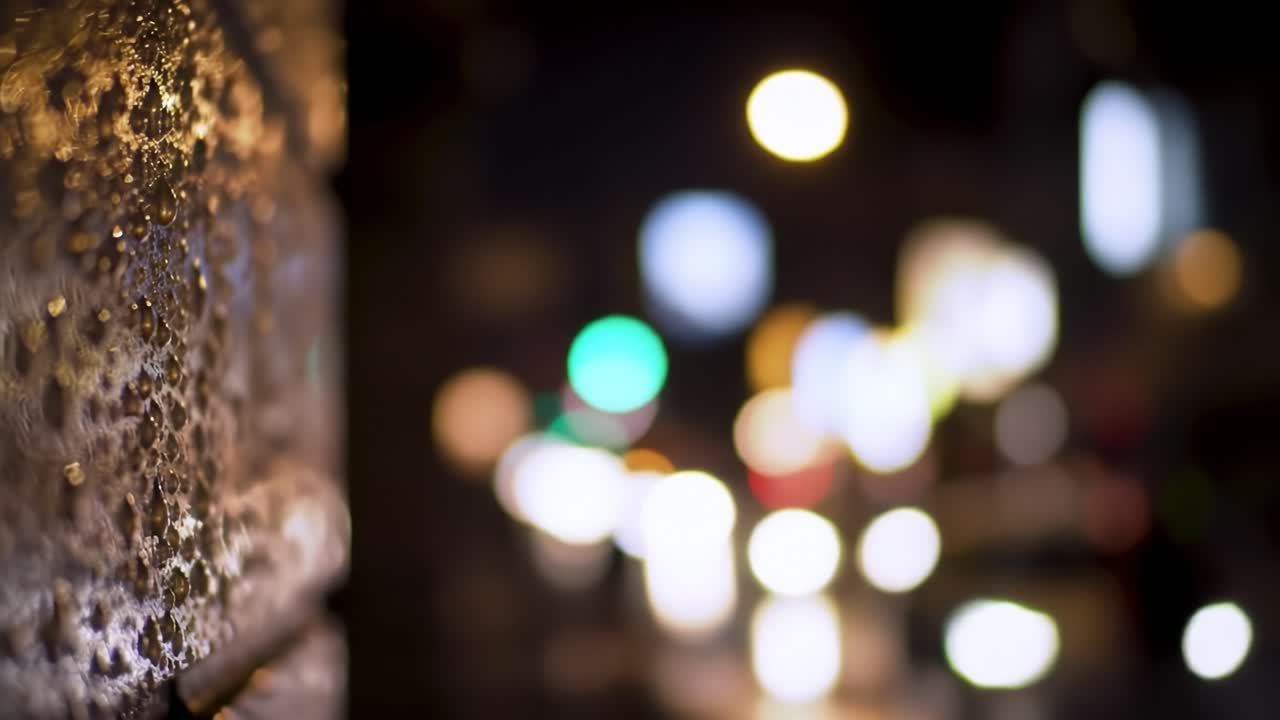 Raindrops cling to a surface while blurred city lights shine in the background on a vibrant night. The atmosphere captures the essence of an urban evening after a rain shower.