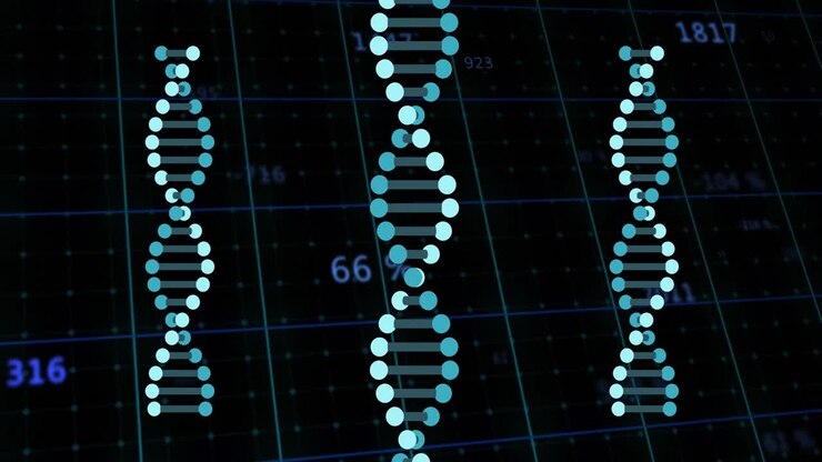 Animation of numbers and data processing and dna strands spinning