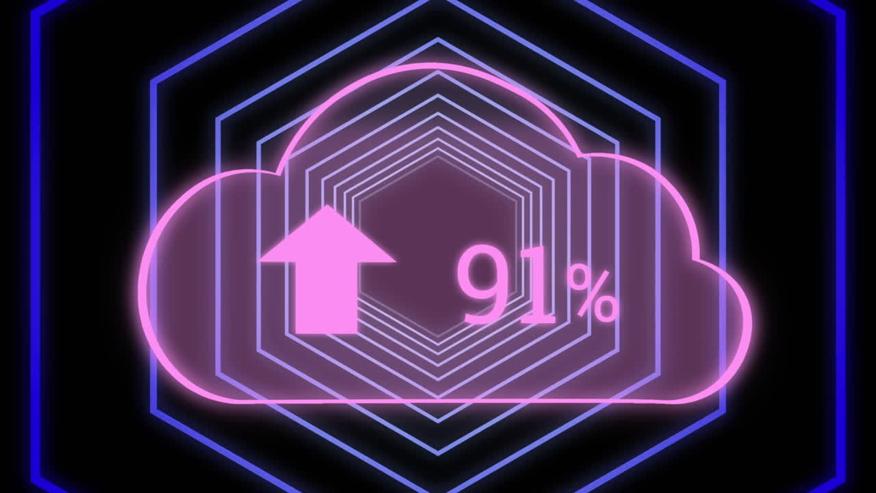 네온 육각형 위에 점점 더 많은 수를 가진 구름의 애니메이션