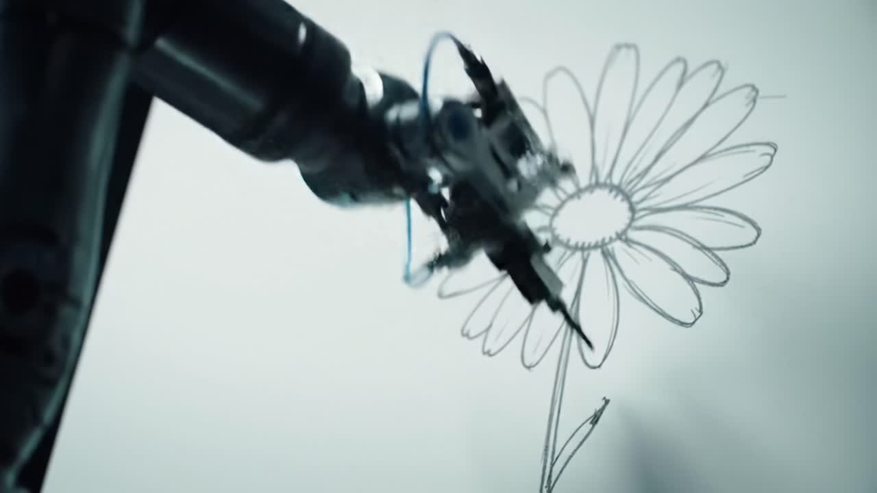 Advanced Robotic Arm Creating Intricate Flower Sketches with Precision and Artistic Flair in a High-Tech Art Studio Setting