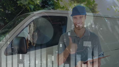 animation of statistics and financial data processing over delivery man and van