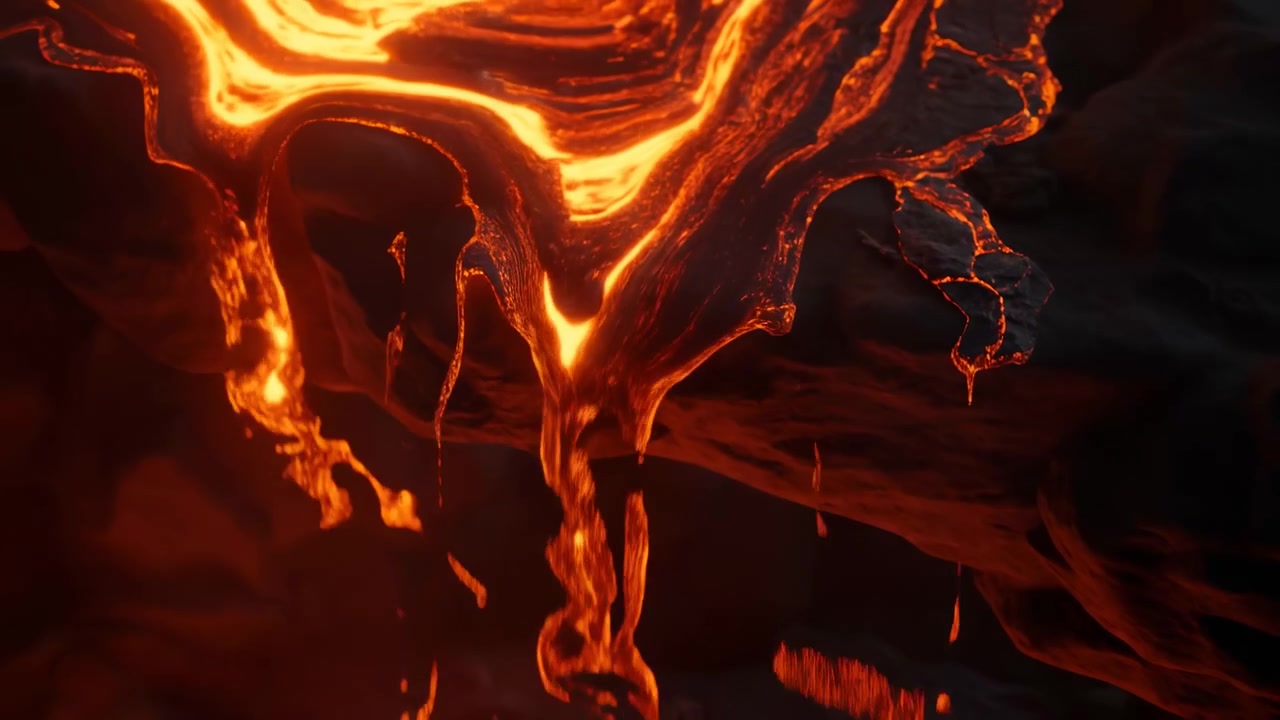 Scena ravvicinata in movimento di lava fusa che si riversa su una sporgenza rocciosa vulcanica frastagliata, con flussi incandescenti giallo-arancio che si assottigliano in goccioline sospese, filamenti incandescenti, crosta ruvida e calore intenso.