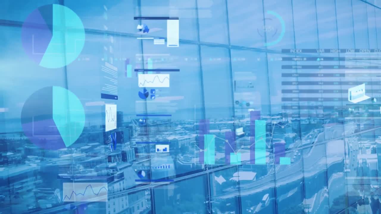 Animation of financial data processing over cityscape