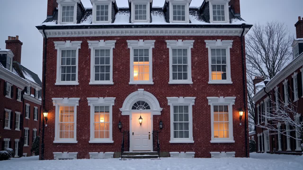 Snow gently falling on an elegant Georgian townhouse, with warm, illuminated windows glowing at dusk, creates a cozy and festive atmosphere perfect for the holiday season