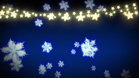 Animation-Von-Hängenden-Sternförmigen-Lichterketten-über-Schneeflocken-Symbolen,-Die-Vor-Blauem-Hintergrund-Schweben