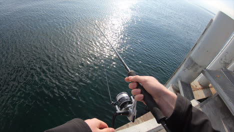 pov: a fisherman is at the end of a pontoon in a swiss port on lake geneva, he turns his reel and tries to catch a pike