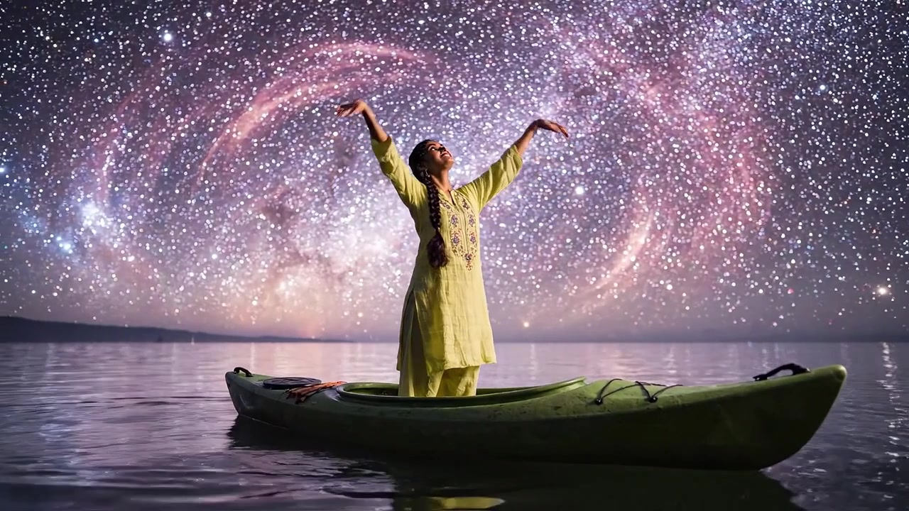 A Woman in Yellow Stands Gracefully in a Kayak Under a Starry Sky, Embracing the Cosmic Wonder and Captivating Beauty of the Universe Around Her