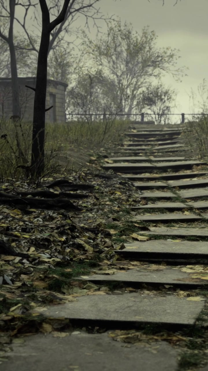 Steps lead through fallen leaves in a quiet space during autumn season