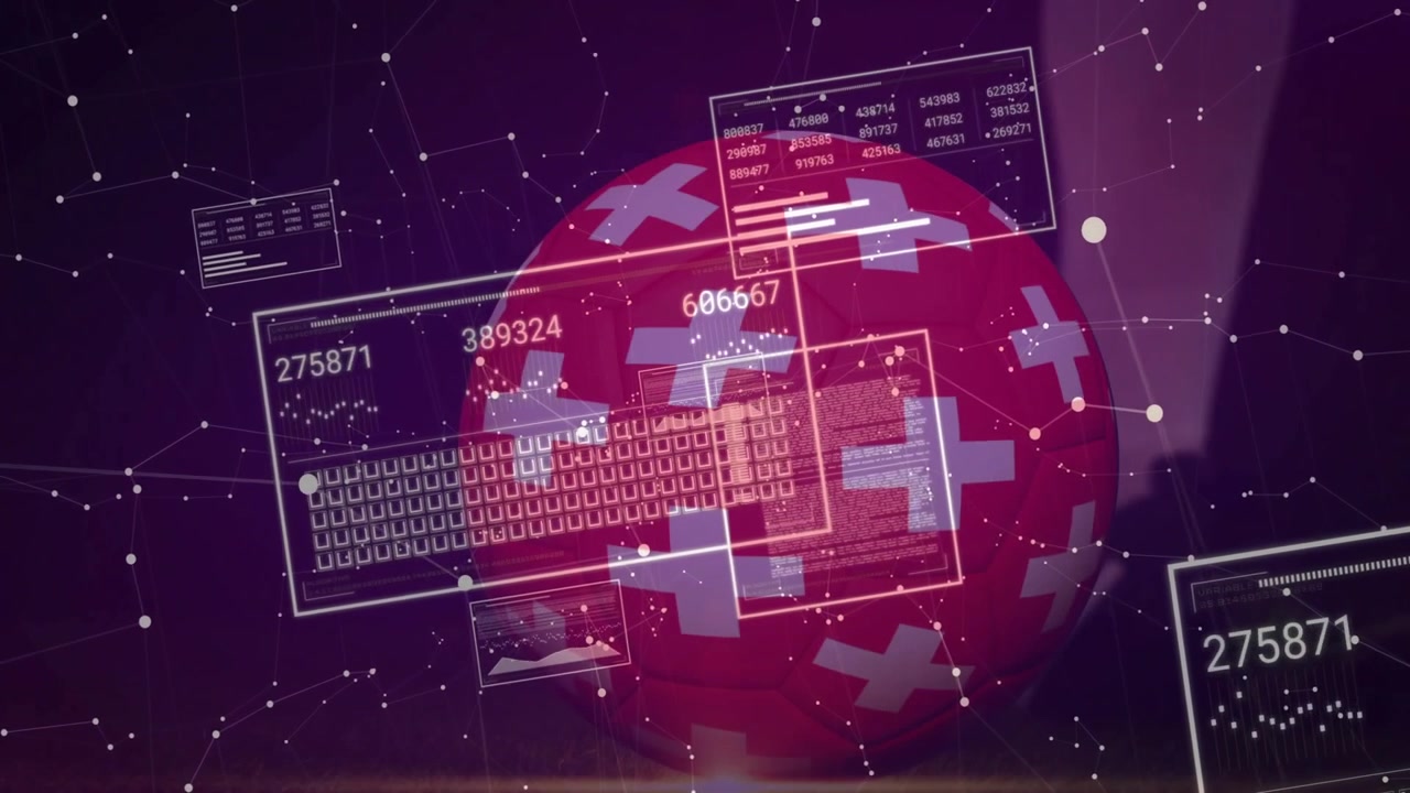 Purple backdrop appearing, sphere emerging, panels updating numbers and rotating, visualizing data