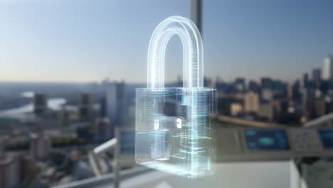 digital lock hologram representing cybersecurity in a modern office