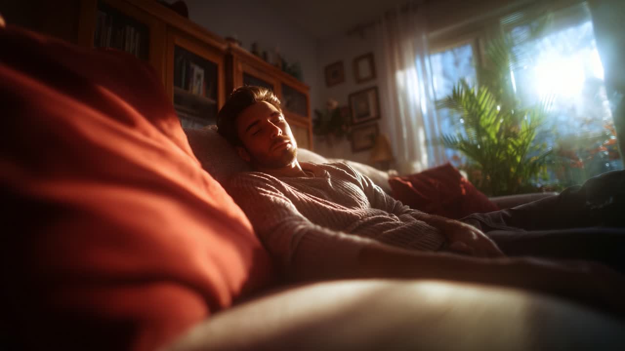 Un momento di relax in un soggiorno accogliente, immerso nella calda luce del sole, che illumina una persona comodamente distesa su un divano circondato da morbidi cuscini