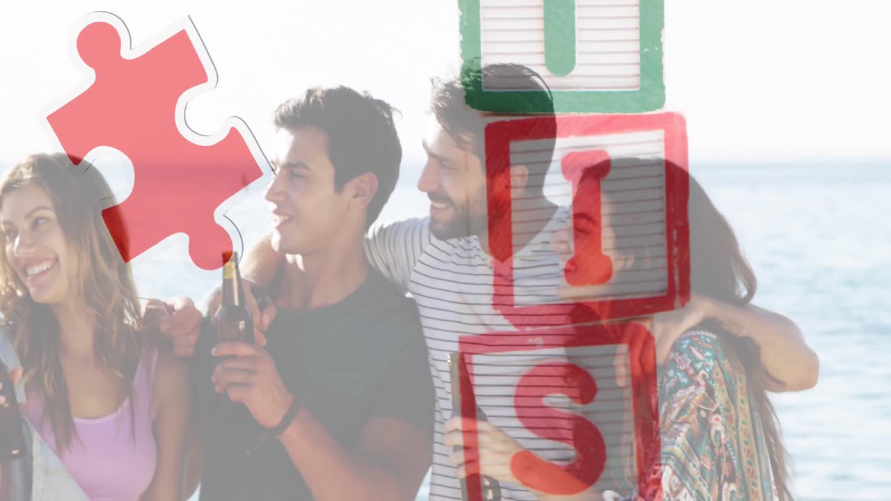animación de coloridas piezas de rompecabezas y texto de autismo sobre amigos felices en una fiesta de playa de verano